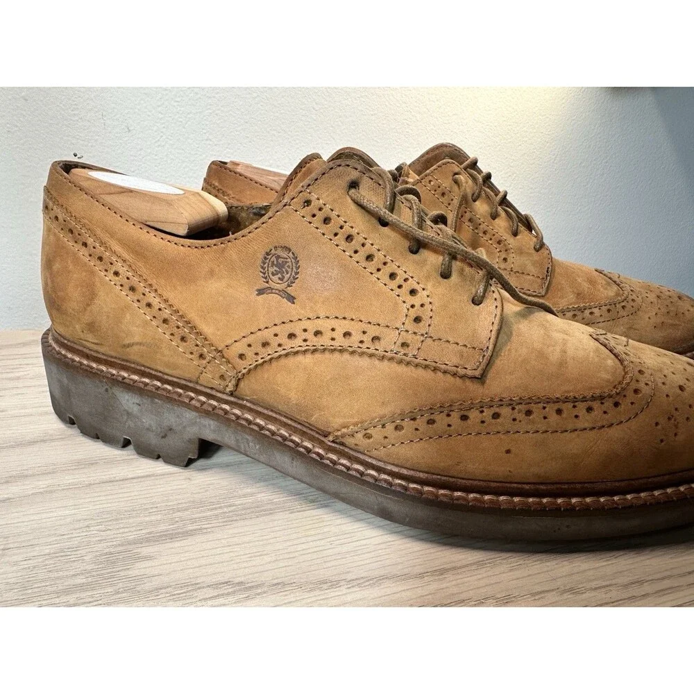 Vintage Tommy Hilfiger Crest Logo Tan Suede Wingtip Brogue Derby Shoes Men's 10